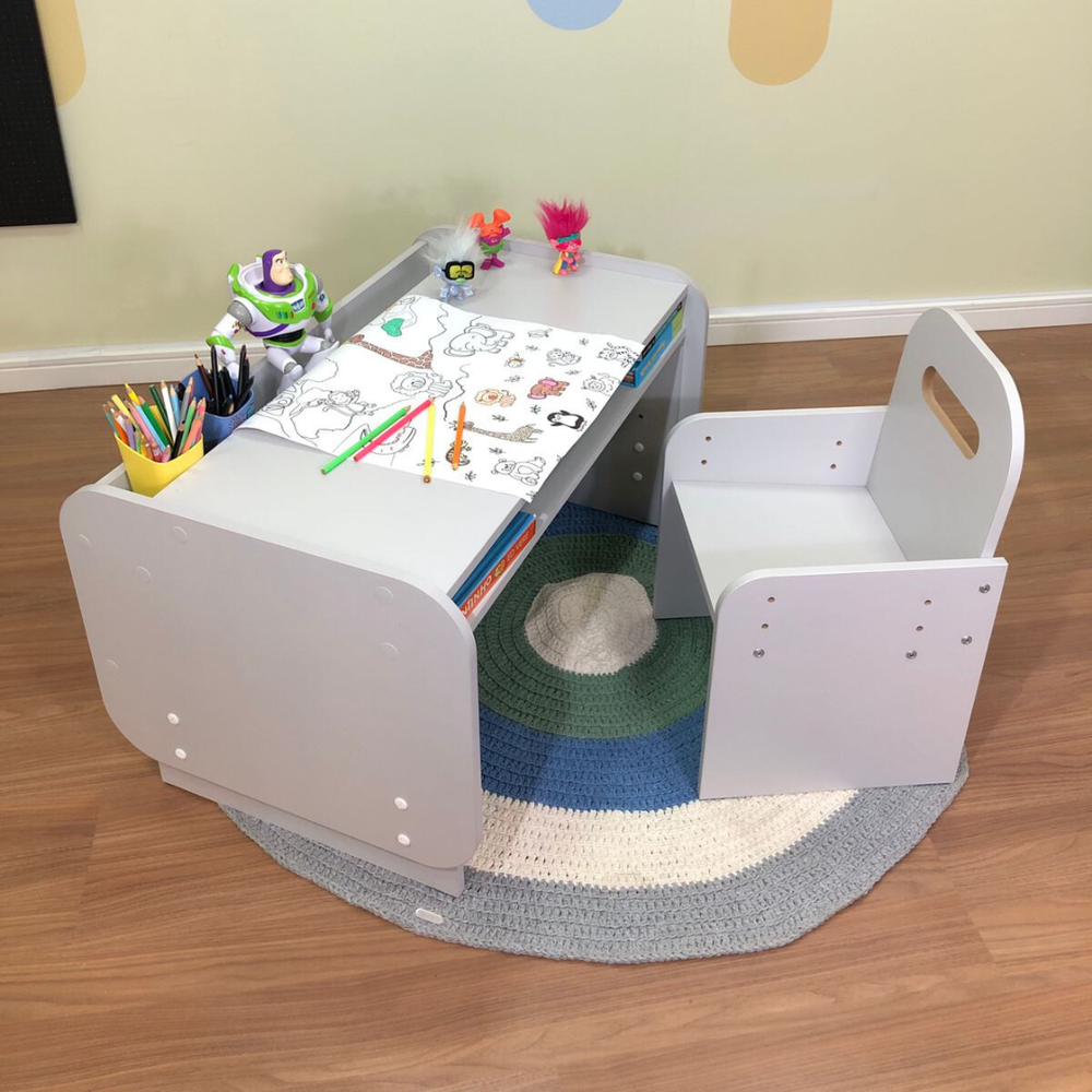 Kit Mesa grande mais cadeira infantil com regulagem -cinza cristal