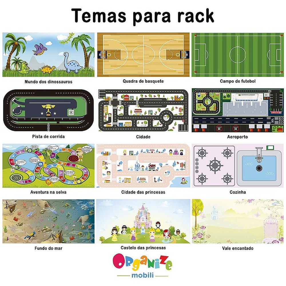 Rack 2 baús branco com tema cidade das princesas + um baú branco com tema + uma cadeira com regulagem branca