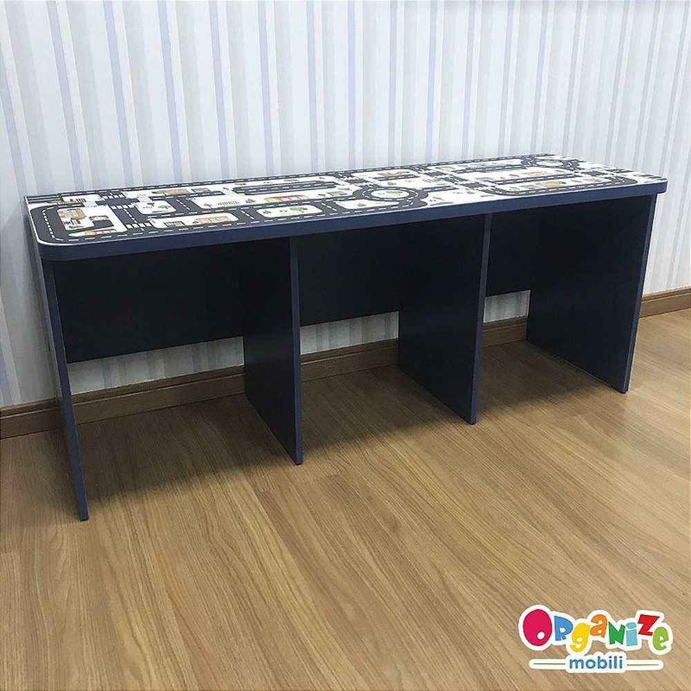 Rack infantil azul para 3 baús organizador com tema cidade