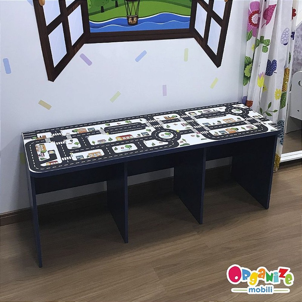 Rack infantil azul para 3 baús organizador com tema cidade