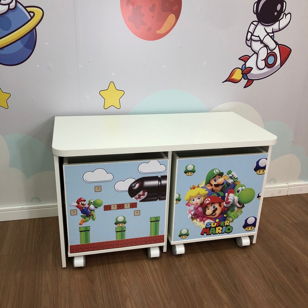 Rack infantil mais 2 baús de brinquedos com tema Bros