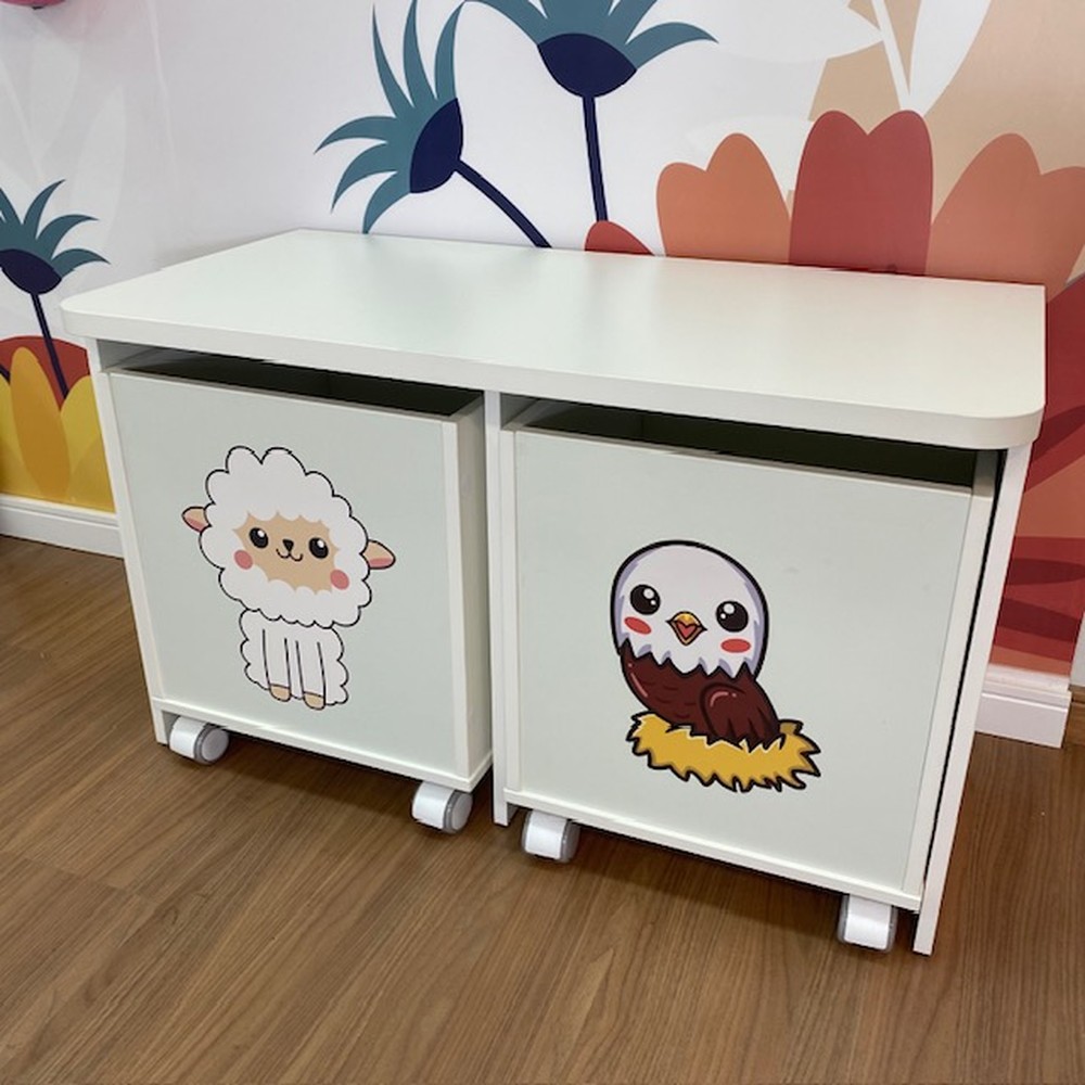 Rack infantil mais 2 baús de brinquedos com tema ovelha e águia