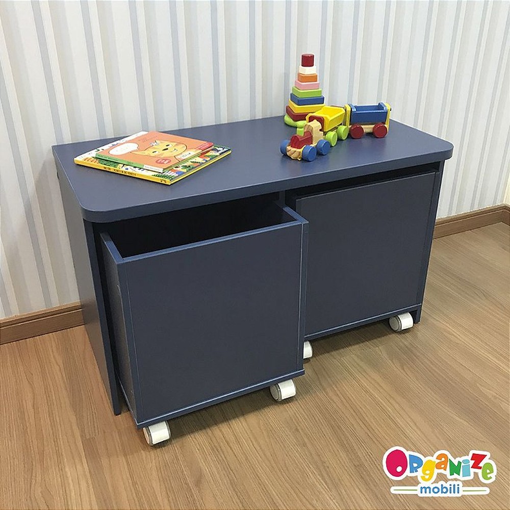 Rack infantil para dois baús + 2 Baú infantil organizador de brinquedos com rodízio - cor azul