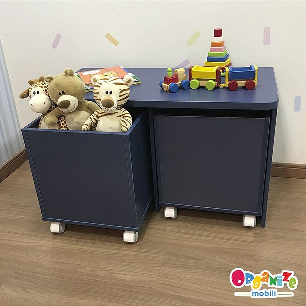 Rack infantil para dois baús + 2 Baú infantil organizador de brinquedos com rodízio - cor azul