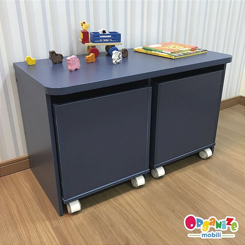 Rack infantil para dois baús + 2 Baú infantil organizador de brinquedos com rodízio - cor azul