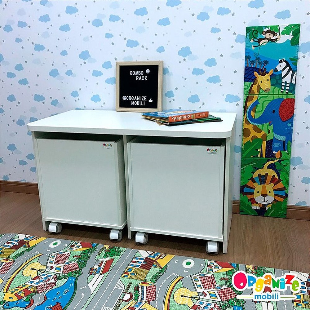 Rack infantil para dois baús + 2 Baú infantil organizador de brinquedos com rodízio - cor branca