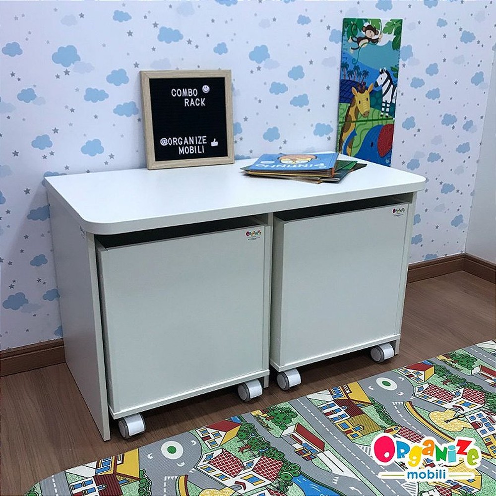 Rack infantil para dois baús + 2 Baú infantil organizador de brinquedos com rodízio - cor branca