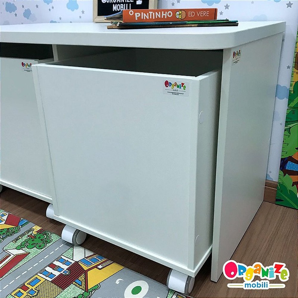 Rack infantil para dois baús + 2 Baú infantil organizador de brinquedos com rodízio - cor branca