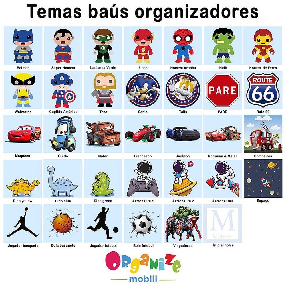 Rack infantil para dois baús tem basquete + dois baús com temas