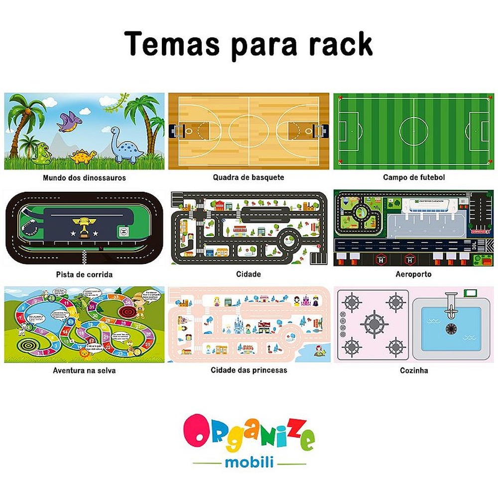 Rack infantil para três baús com tema pista de corrida mais três baús com tema