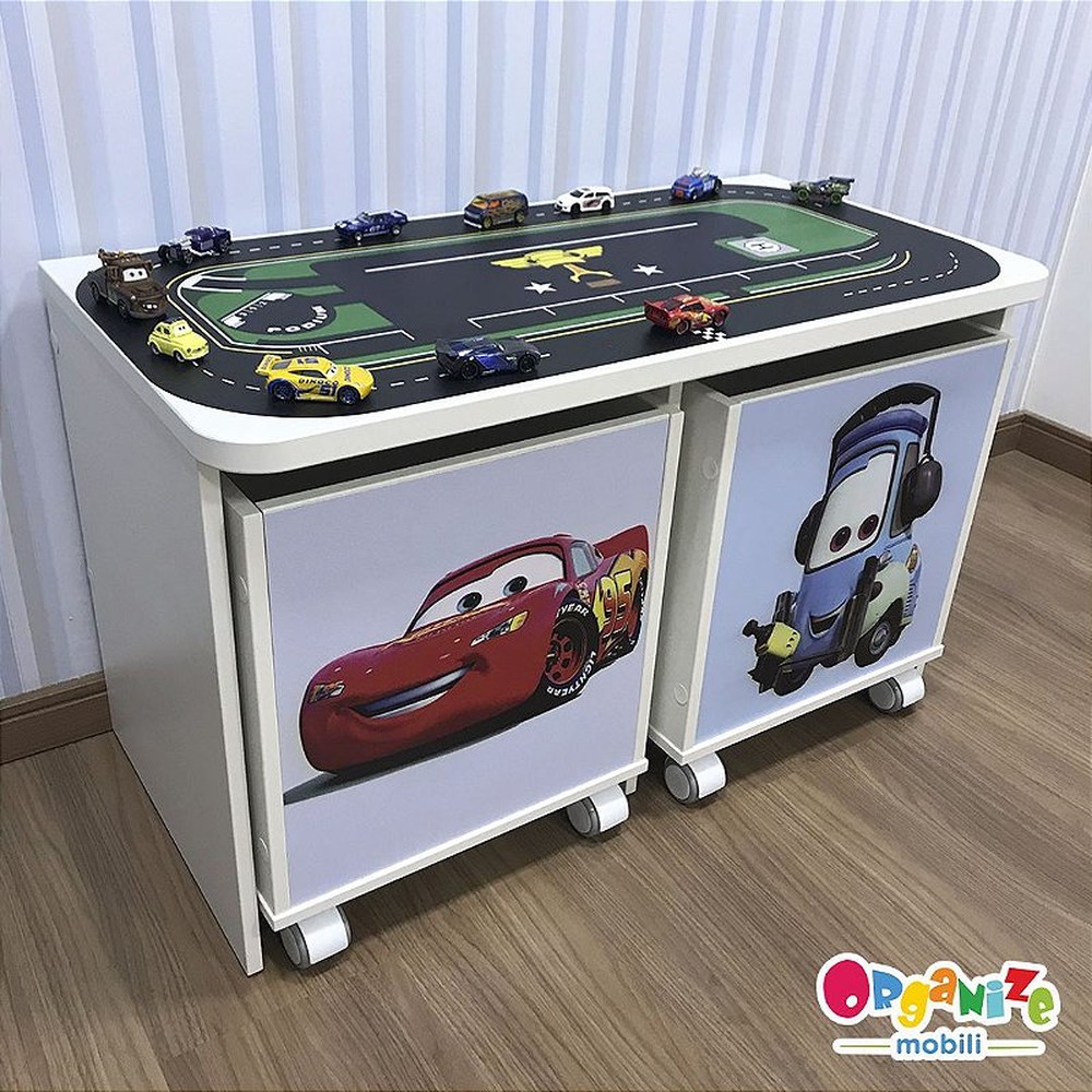 Rack para dois baús tema pista de corridas copa pistão cor branca + 2 baús  temas Carros cor branca