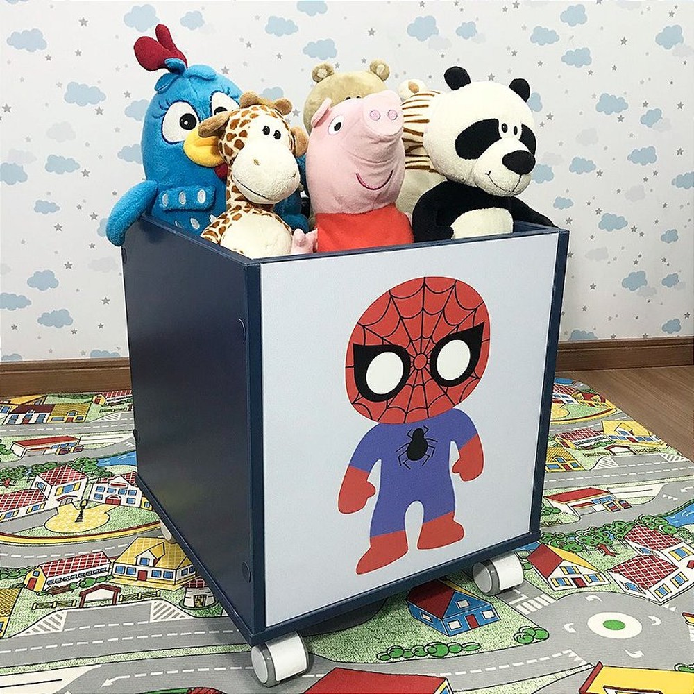 Baú infantil organizador azul com rodízio - homem aranha