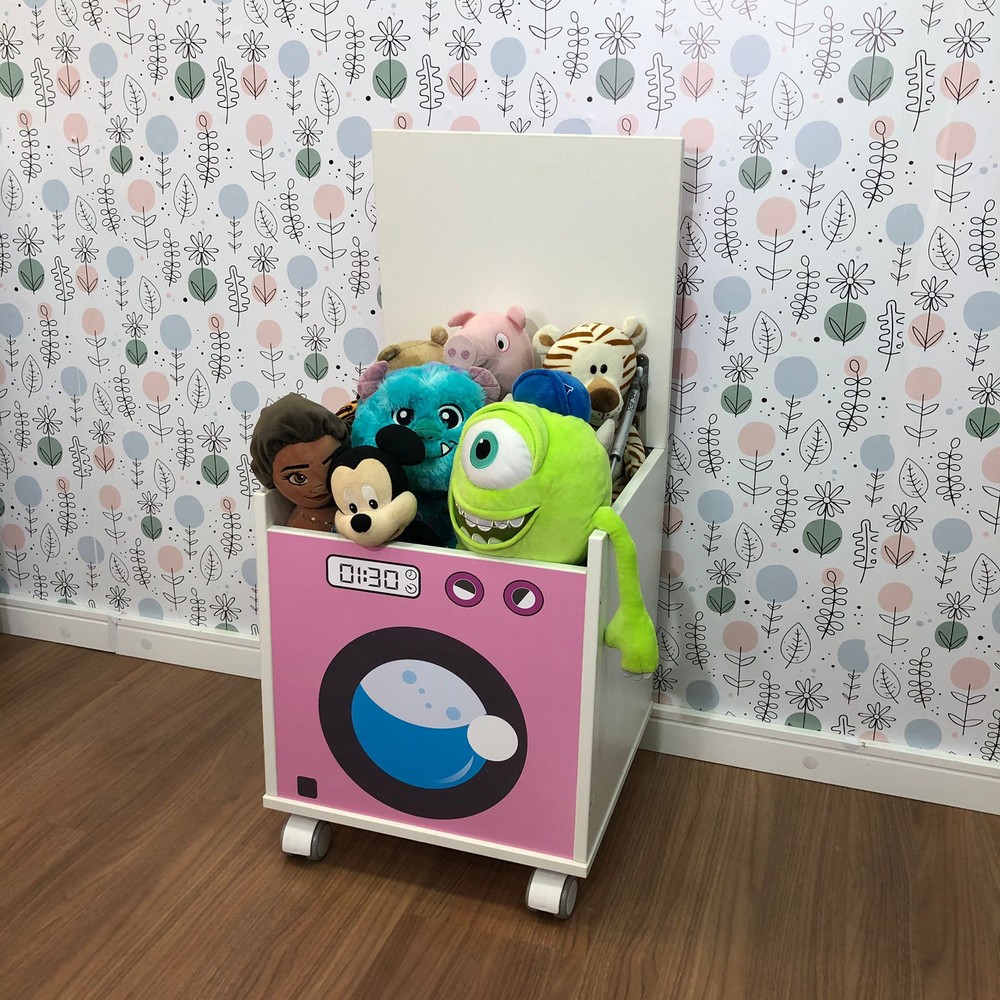 Baú para brinquedos com tampa e rodízio - tema frontal máquina de lavar infantil