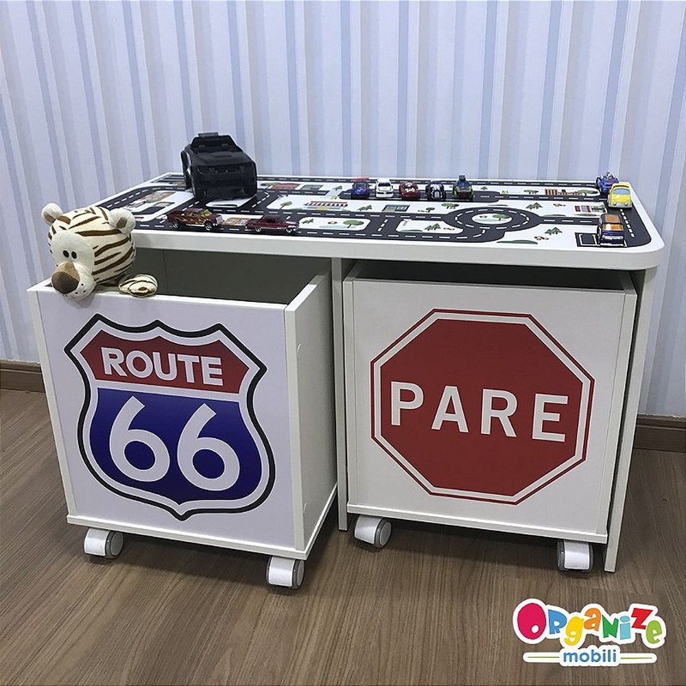 Combo rack tema cidade e 2 baús temas: PARE e ROTA 66