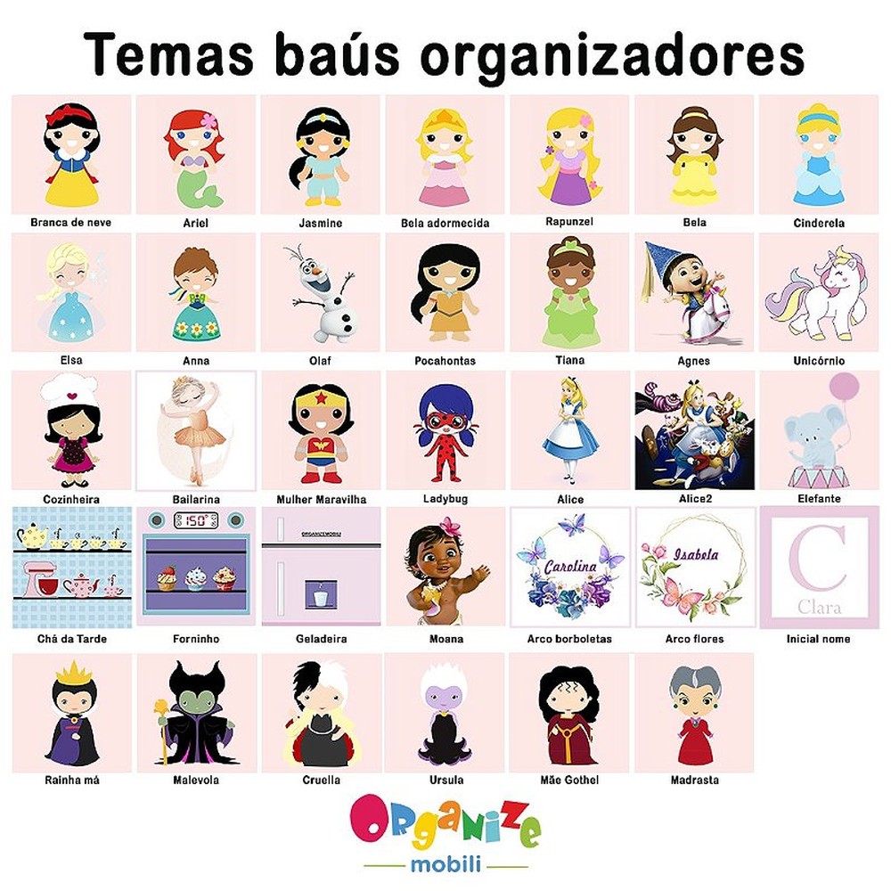 Baú infantil organizador de brinquedos com rodízio e tema Anna