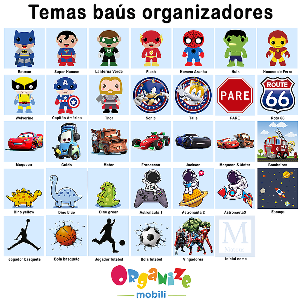 Baú infantil organizador de brinquedos com rodízio e tema Guido