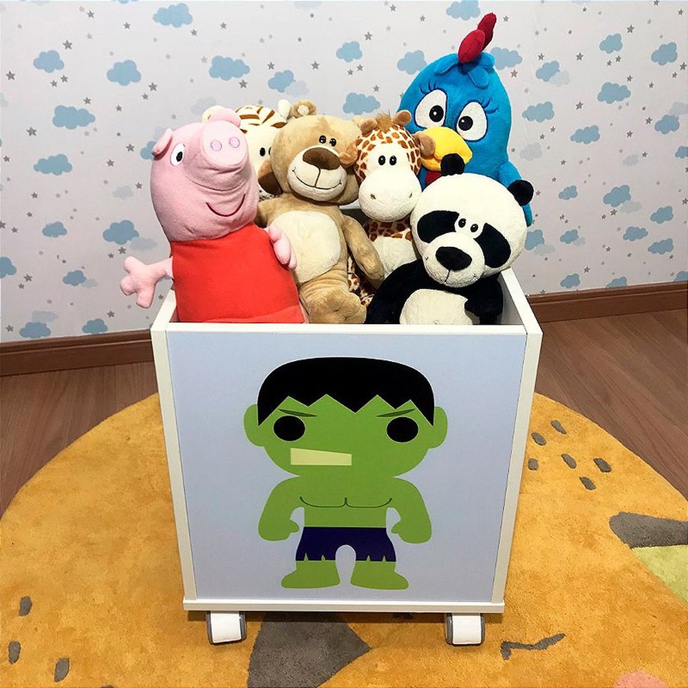 Baú infantil organizador de brinquedos com rodizio e tema Hulk