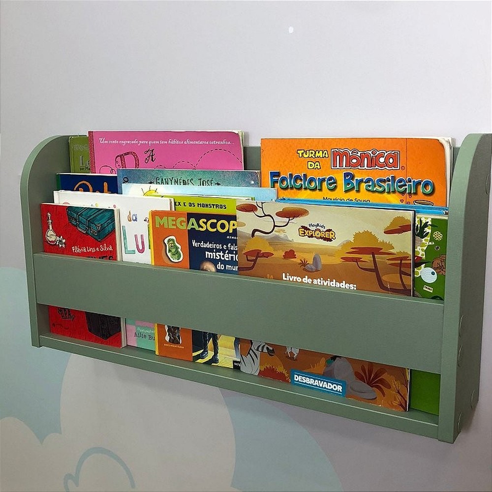 Prateleira de livros infantil montessori de parede verde