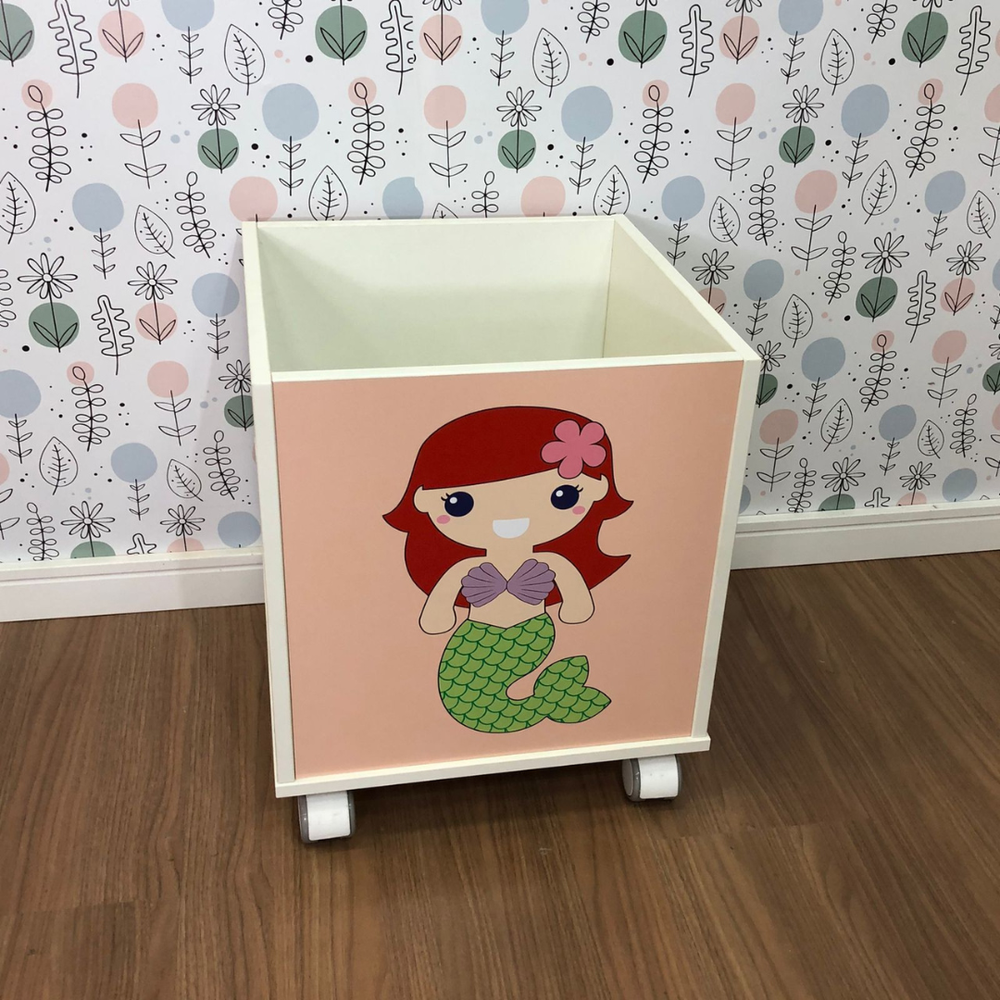 Baú infantil organizador de brinquedos com rodizio e tema princesa ariel