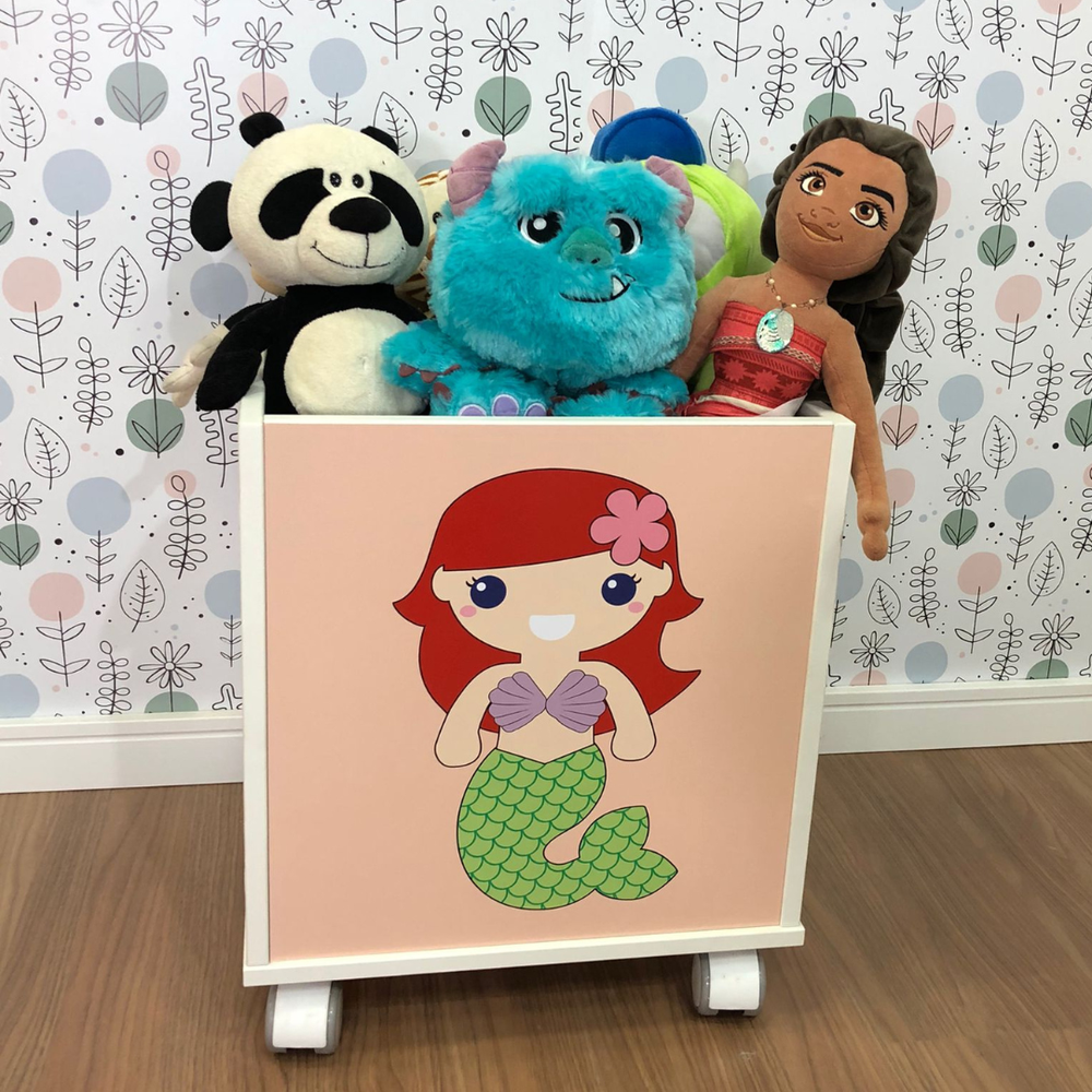 Baú infantil organizador de brinquedos com rodizio e tema princesa ariel