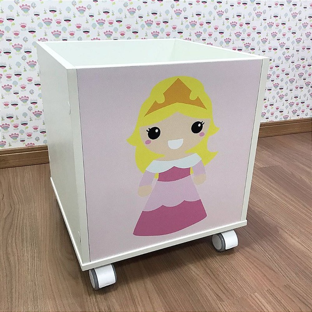 Baú infantil organizador de brinquedos com rodizio e tema princesa bela adormecida