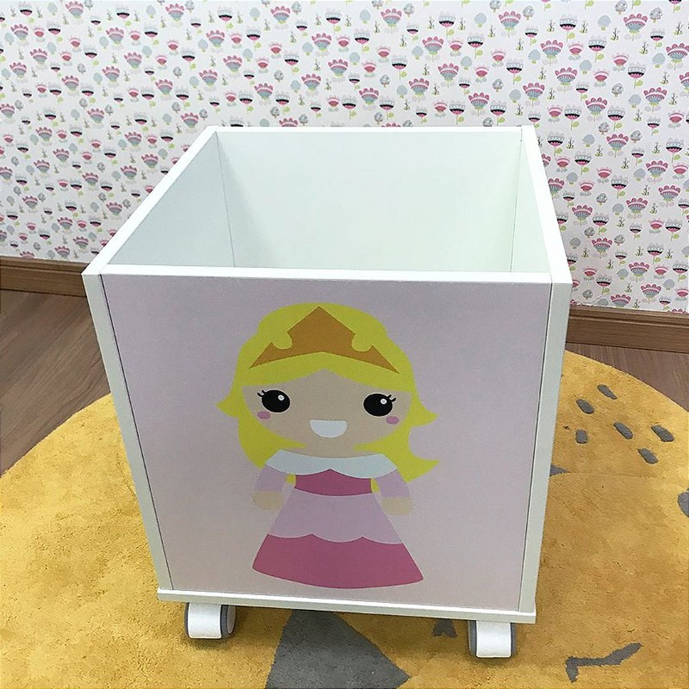 Baú infantil organizador de brinquedos com rodizio e tema princesa bela adormecida