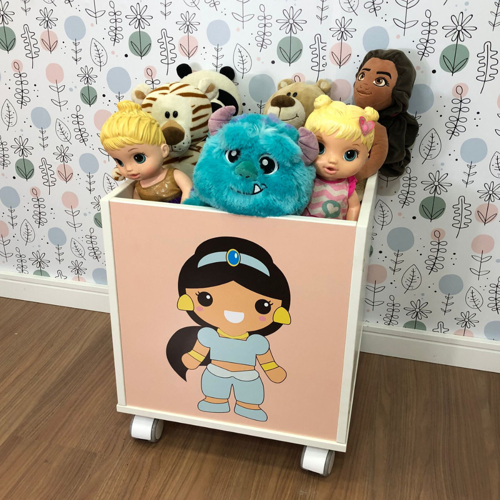 Baú infantil organizador de brinquedos com rodizio e tema princesa jasmine