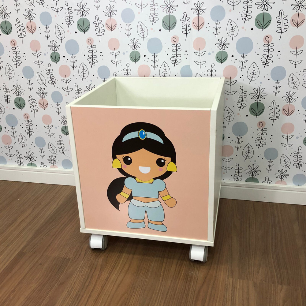 Baú infantil organizador de brinquedos com rodizio e tema princesa jasmine