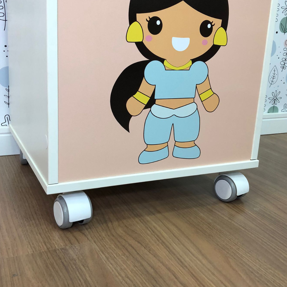 Baú infantil organizador de brinquedos com rodizio e tema princesa jasmine