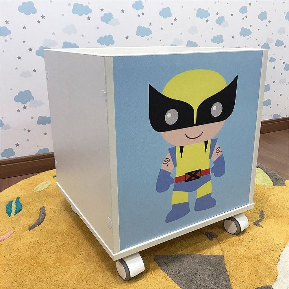 Baú infantil organizador de brinquedos com rodizio e tema wolverine