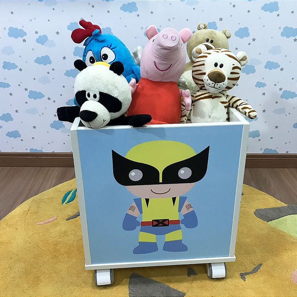 Baú infantil organizador de brinquedos com rodizio e tema wolverine