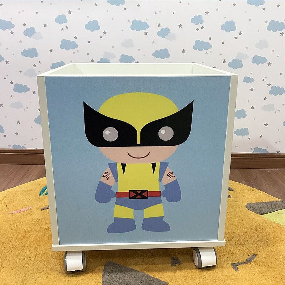 Baú infantil organizador de brinquedos com rodizio e tema wolverine