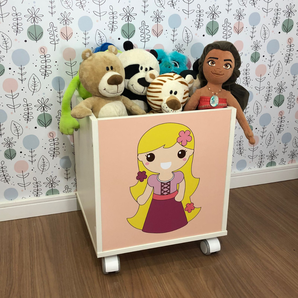 Baú infantil organizador de brinquedos com rodizio tema princesa rapunzel