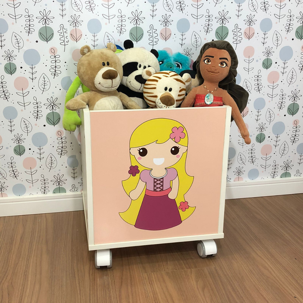 Baú infantil organizador de brinquedos com rodizio tema princesa rapunzel