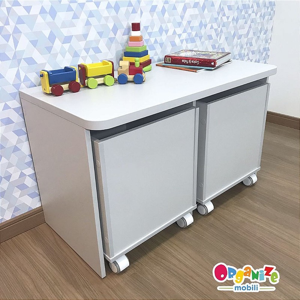 Rack infantil para dois baús + 2 Baú infantil organizador de brinquedos com rodízio - cor cinza cristal