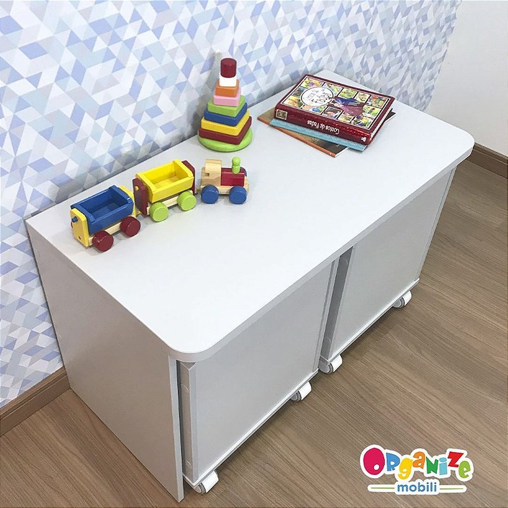 Rack infantil para dois baús + 2 Baú infantil organizador de brinquedos com rodízio - cor cinza cristal