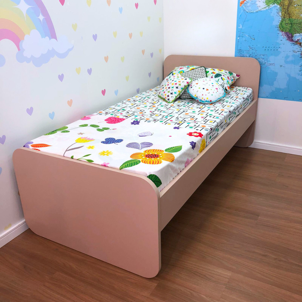 Cama solteiro cabeceira reta - uso do infantil ao adulto - cor rosa sal