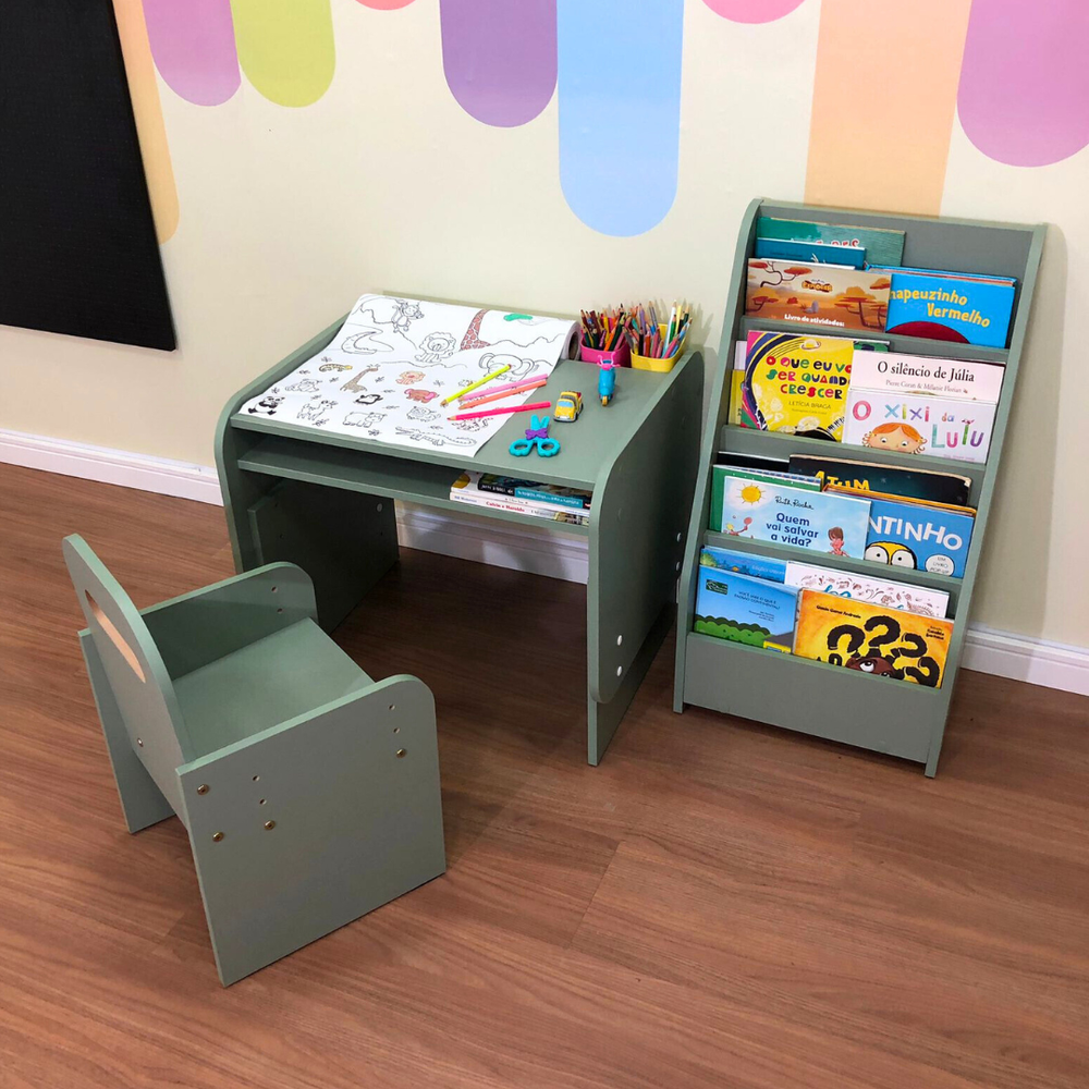 Kit mesa infantil pequena-verde com cadeira mais organizador de livros compacto- Verde