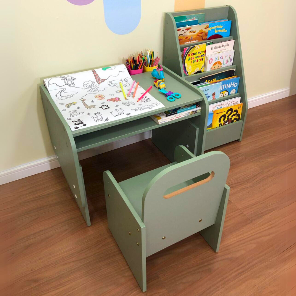 Kit mesa infantil pequena-verde com cadeira mais organizador de livros compacto- Verde