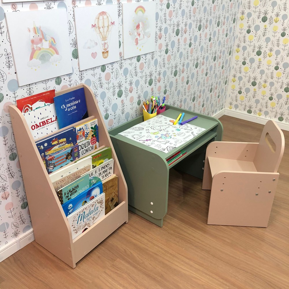 Kit mesa infantil pequena-verde com cadeira-rosa mais organizador de livros compacto- Rosa sal