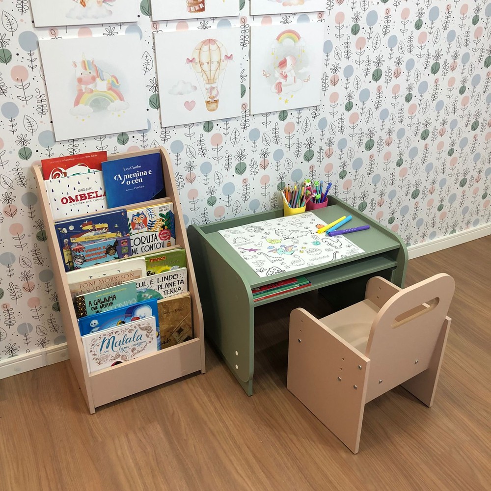 Kit mesa infantil pequena-verde com cadeira-rosa mais organizador de livros compacto- Rosa sal