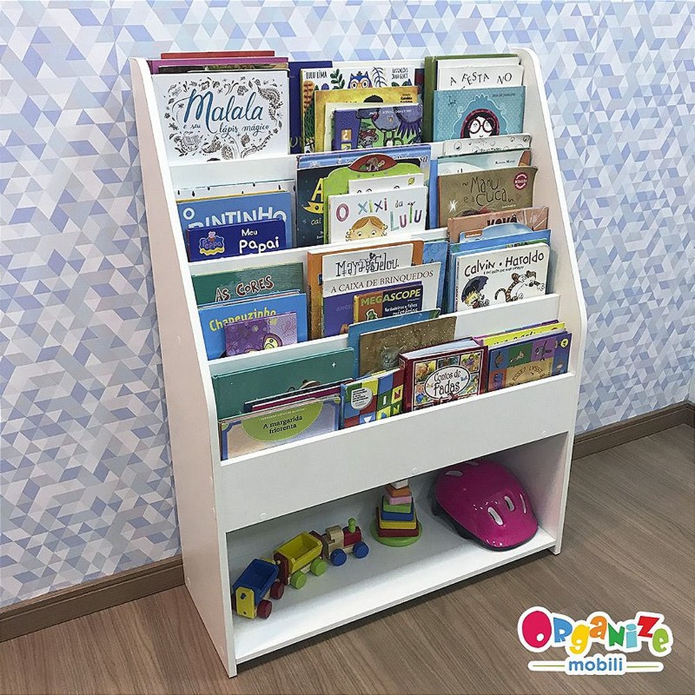 Organizador de livros com prateleira de brinquedos