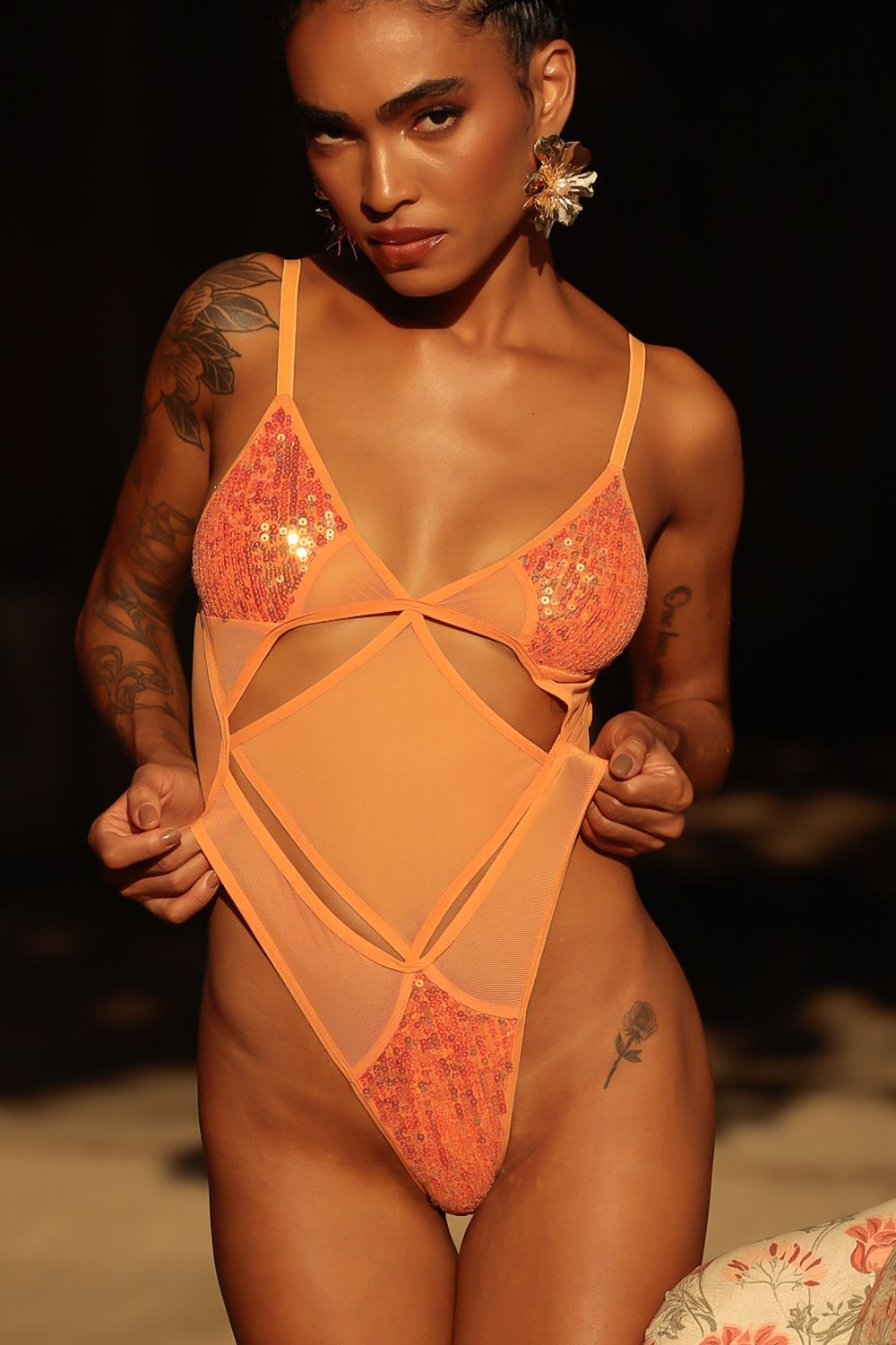 BODY SPIDER PAETE LARANJA | SPIDER ORANGE SEQUIN BODYSUIT