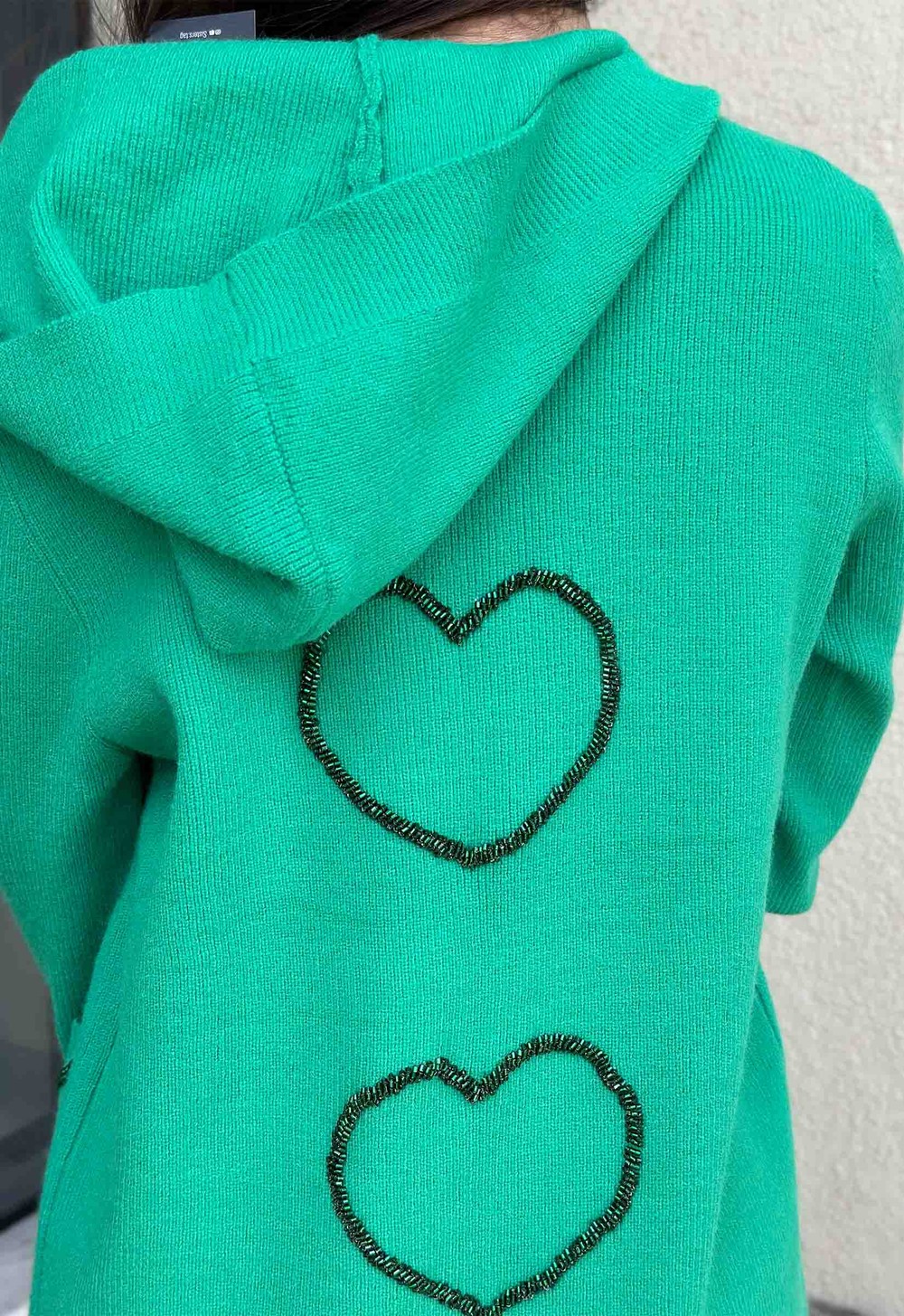 Cardigan Tricot Capuz Bordado Corações Grandes Mirela - Verde
