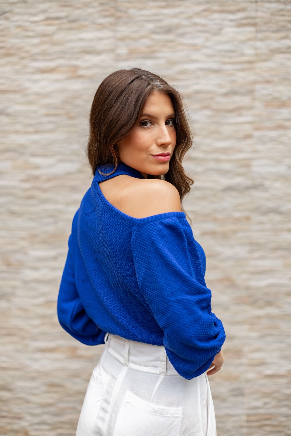 Blusa de Tricot Ombro  Mariana - Azul Bic