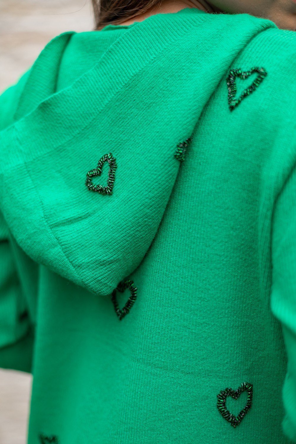 Cardigan Tricot Capuz Bordado Coração Mirela - Verde