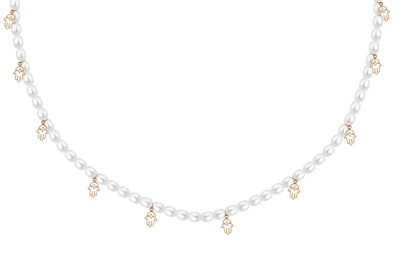 Gargantilha 40cm Mão de Fátima com diamantes e pérolas