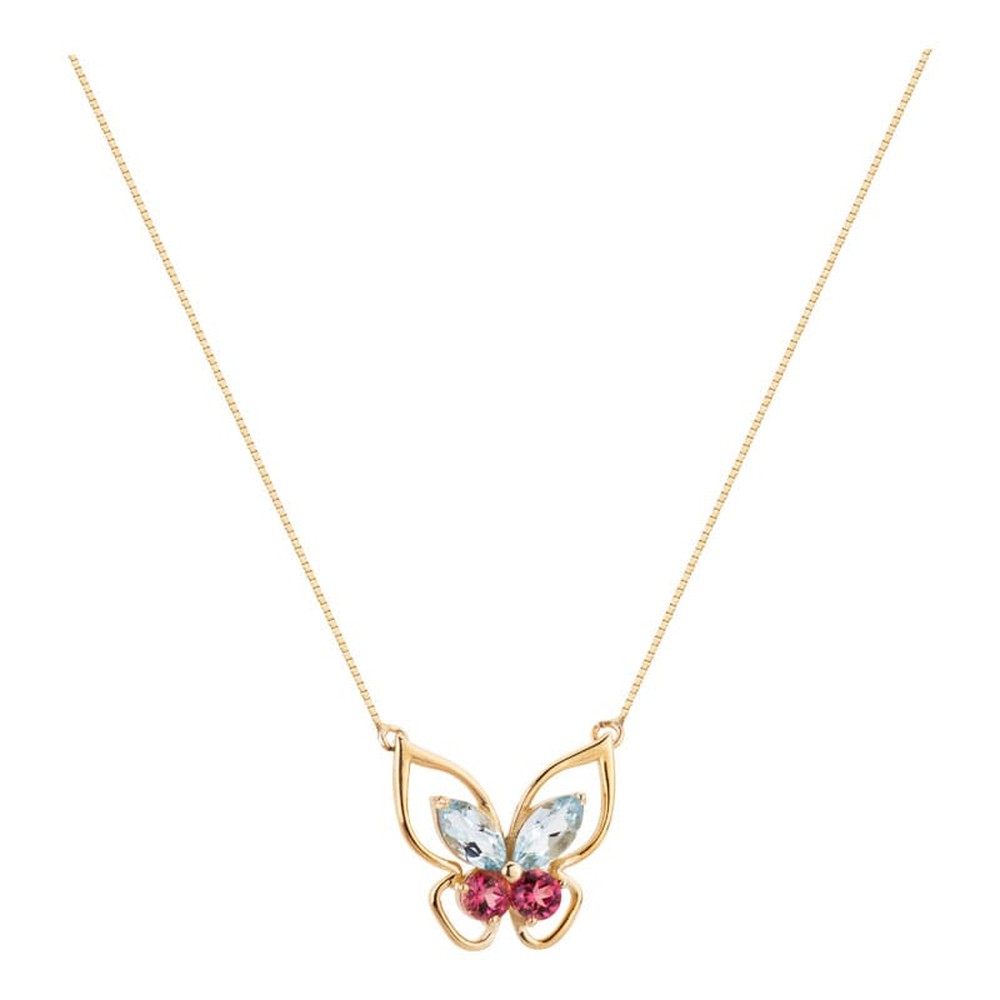 Gargantilha Borboleta com Topázio e Turmalina Rosa Ouro 18k