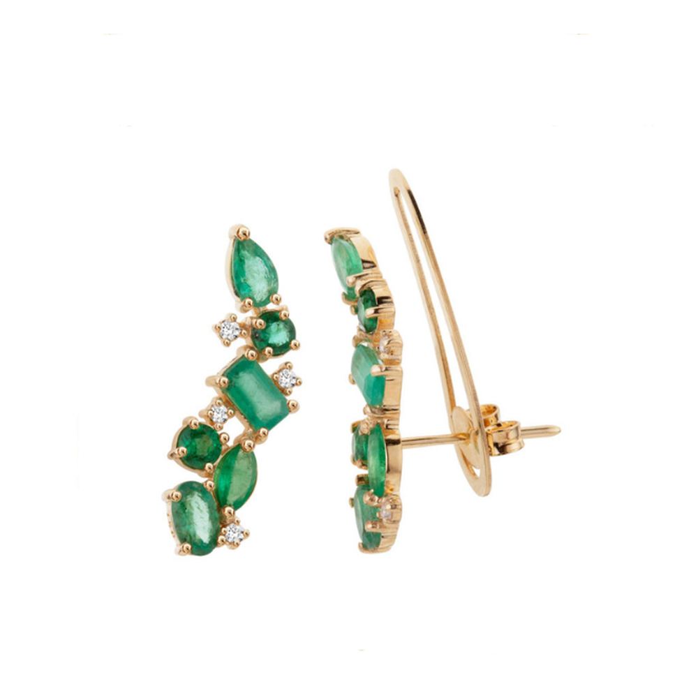 Brinco Ear Cuff Esmeraldas Ouro 18 k