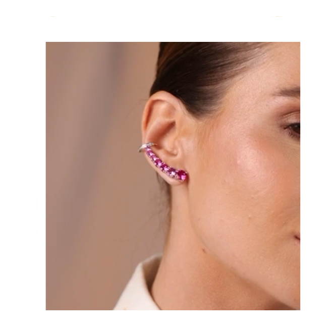 Brinco Earcuff Prata Safira Pink Zircônia